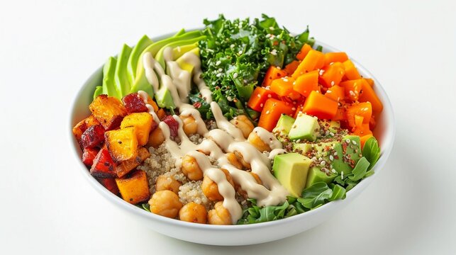 Quinoa Buddha Bowl, colorful Buddha bowl filled with cooked quinoa, roasted vegetables, avocado slices, and a drizzle of tahini dressing, background image, generative AI