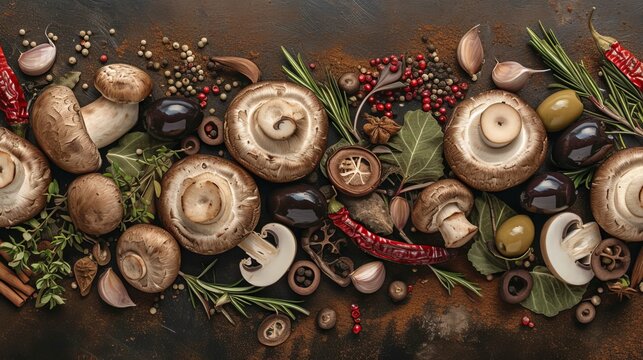 Brown Chenille Background, mushrooms, beef, spices, olives, onion slices, garlic grains