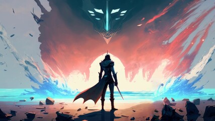 Fototapeta premium A hero and a villain in a confrontation with the shore in the background - AI generated