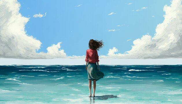 woman standing on the sea looking at the summer sky - AI generated