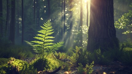 Fern Growing From The Trees, a solitary fern reaching towards the sunlight, surrounded by towering trees in a tranquil woodland setting, a feeling of serenity and harmony with nature