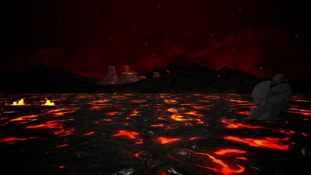 Animation of lava flow in desert island. Cartoon background of erupted volcano. Molten rock in hell. Magma field in outworld. Fireballs hit the ground. Animated land of fire. Dead island. Armageddon.