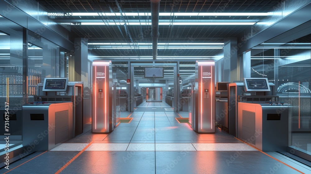 Poster biometric security check: futuristic access control at a secure facility at dawn