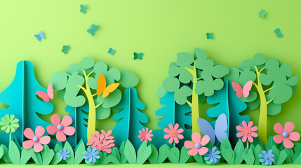 Paper cut green forest with trees, pink flowers and butterflies. Earth day concept. World Environment Day.