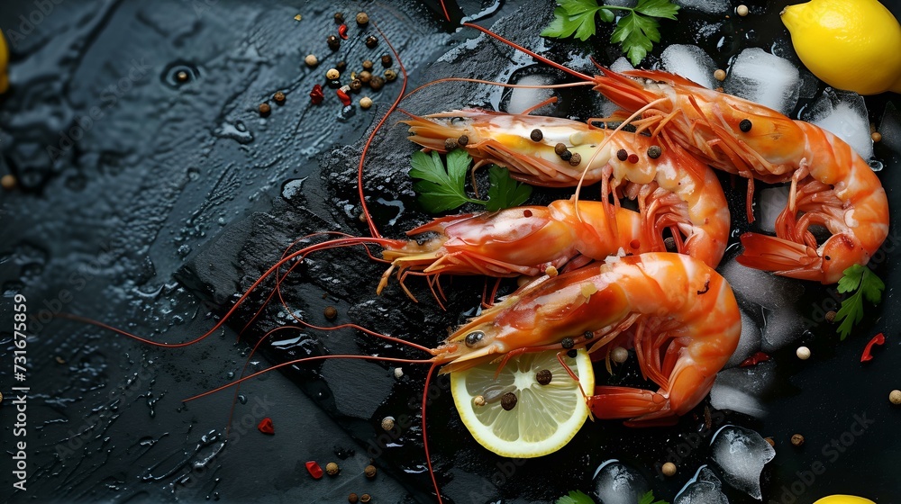 Wall mural Succulent grilled shrimp with fresh lemon and herbs. ideal for food blogs and menu design. high-quality seafood photography. AI