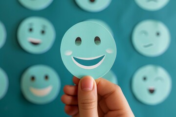 Hand choosing happy smile face paper cut, good feedback rating and positive customer review, mental health assessment, child wellness,world mental health day, think positive, compliment day concept