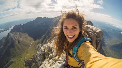 A female tourist happily takes a selfie of herself.