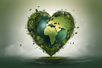 Fototapeta premium Heart shaped planet earth with green leaves in the water. Nature concept