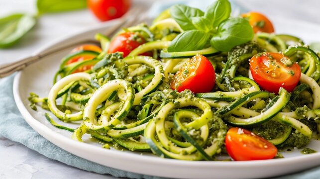 Zucchini Noodles, plate of spiralized zucchini noodles tossed with pesto sauce and cherry tomatoes, background image, generative AI