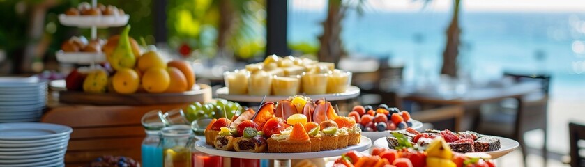 Seaside Brunch, A tabletop view of a delectable brunch spread at a seaside cafe, background image, generative AI