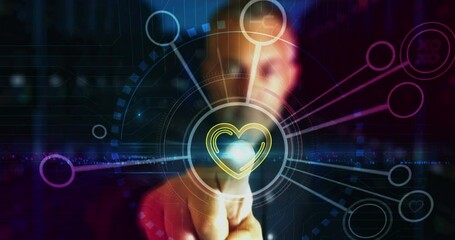 Heart love and romantic symbol digital abstract 3d concept. Finger touch screen. Cyber technology and network background. Man pushes computer display.