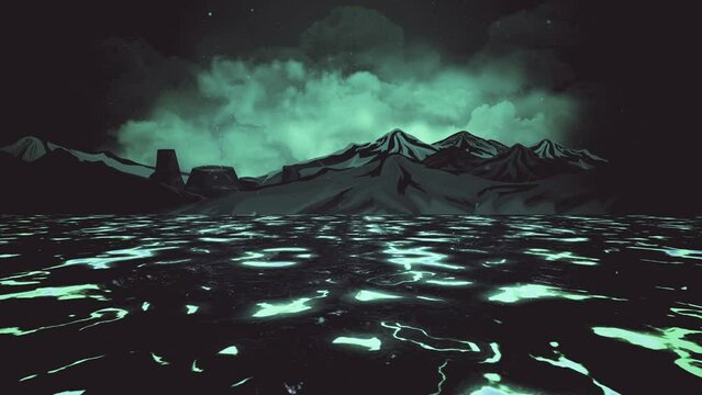 Animation of xanadu lava flow in desert island. Cartoon background of grayish green pale molten rock in hell. Magma field in outworld. Magic fireballs hit the ground. Animated land of pale fire.