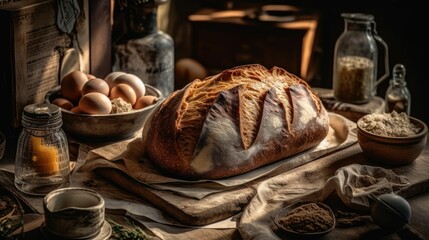 AI generated illustration of a rustic wooden table with a fresh loaf of bread and its ingredients - obrazy, fototapety, plakaty