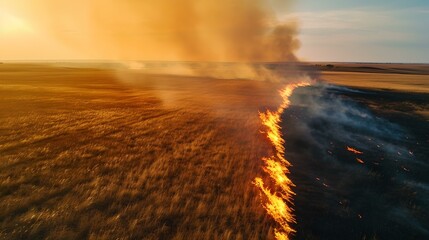 Intense wildfire blazing across a dry field at sunset. emergency, nature's fury, and destruction depicted. action shot capturing a dynamic natural disaster. AI