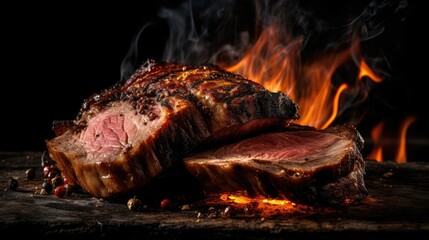 AI generated illustration of a succulent piece of steak on a cutting board, with flames rising