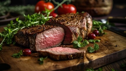 AI generated illustration of a juicy cooked steak on a wooden board with rosemary