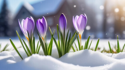 Close-up of a purple crocus growing in the snow against a background of blurry village houses,...