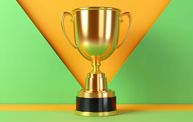 An AI illustration of a golden trophy in front of a green and yellow triangle - obrazy, fototapety, plakaty