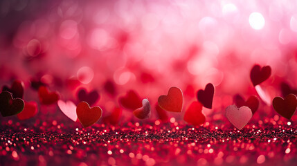 AI generated illustration of red hearts falling with glitter and bokeh background for valentines Day