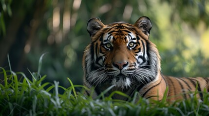 Fototapeta premium Majestic tiger lying in lush greenery, peaceful predator in natural habitat, wildlife photography essentials. AI