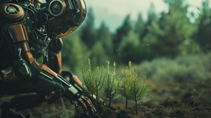 android robot planting seeds in soil, blurred backgrounds - obrazy, fototapety, plakaty