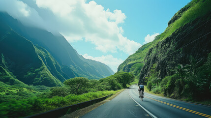 a cyclist riding down the road with mountains on either side
