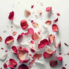 Flatlay of rose petals scattered on a white background - Valetine's day background
