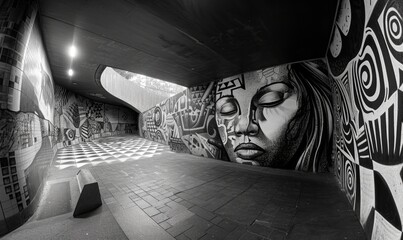 Artistic expressions in public spaces, black and white street art photo