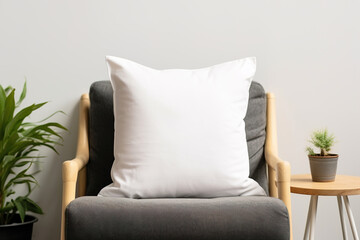 Cozy living room scene with a white square pillow. Blank cushion case template for your graphic design presentation. Pillow cover mock up for print, personalized illustration. Close-up.