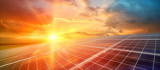 Vibrant sunset over solar panels, symbolizing renewable energy. clean, sustainable power generation. eco-friendly future. AI