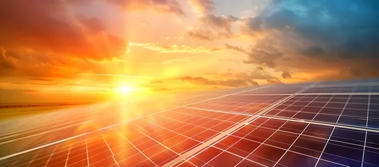 Fotobehang Vibrant sunset over solar panels, symbolizing renewable energy. clean, sustainable power generation. eco-friendly future. AI © Irina Ukrainets
