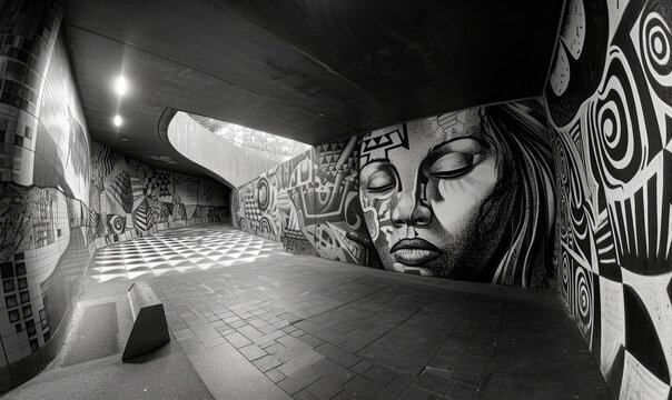 Fototapeta Artistic expressions in public spaces, black and white street art photo