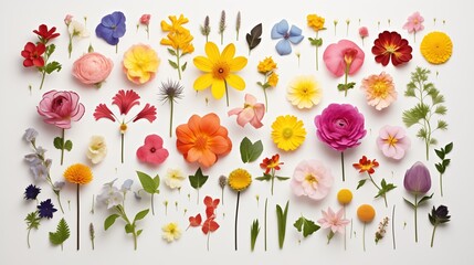 A vibrant set of diverse and colorful flowers, thoughtfully arranged and isolated against a clean white background,