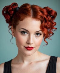 beautiful woman, short curly red hair done up in pigtails, high cheekbones, perfect skin, 