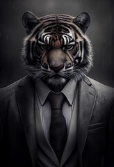 AI generated illustration of a businessman dressed in a suit with a tiger head