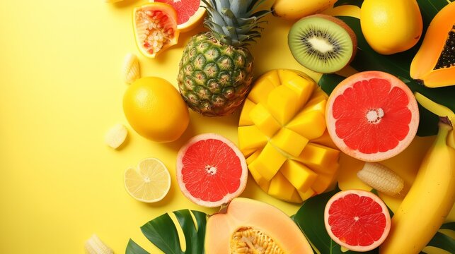 Variety of fresh tropical fruit on exotic yellow