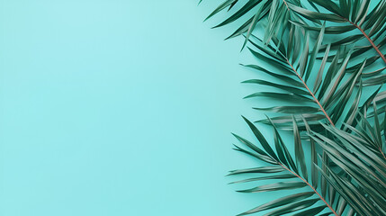 Fototapeta na wymiar Tropical leaves palm tree on a blue background with copy space for text, Flat lay of green tropical leaf on the sky blue background, AI generated