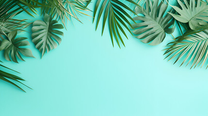 Tropical leaves palm tree on a blue background with copy space for text, Flat lay of green tropical leaf on the sky blue background, AI generated