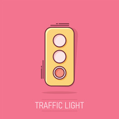 Semaphore icon in comic style. Traffic light cartoon vector illustration on isolated background. Crossroads splash effect business concept.
