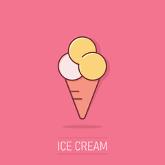 Ice cream icon in comic style. Sundae cartoon vector illustration on isolated background. Sorbet dessert splash effect business concept.