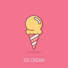 Ice cream icon in comic style. Sundae cartoon vector illustration on isolated background. Sorbet dessert splash effect business concept.