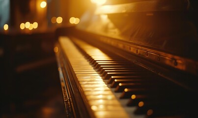 Close up of piano keys with golden bokeh background. Music concept