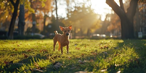 Chihuahua dog walking in the park at sunset. Dog in the rays of the setting sun