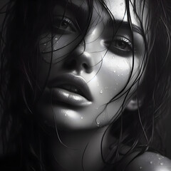 A captivating black and white photo featuring a girl with wet hair and delicate water droplets adorning her face, evoking a sense of sensuality and allure