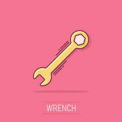 Wrench icon in comic style. Spanner key cartoon vector illustration on isolated background. Repair equipment splash effect business concept.