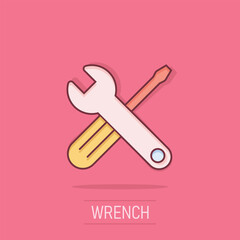 Wrench and screwdriver icon in comic style. Spanner key cartoon vector illustration on isolated background. Repair equipment splash effect business concept.