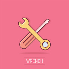 Wrench and screwdriver icon in comic style. Spanner key cartoon vector illustration on isolated background. Repair equipment splash effect business concept.