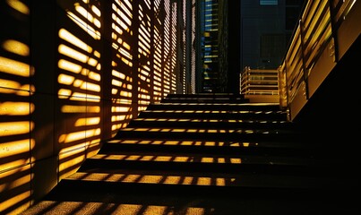 Staircase in the city at night, illuminated with yellow light. Staircase in modern office building, perspective view, toned