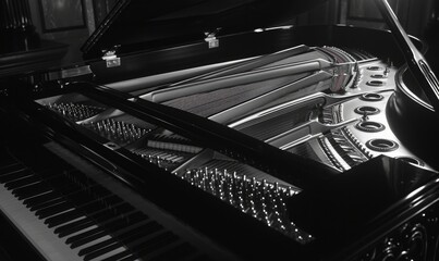 Black grand piano, close-up. Black and white photo.