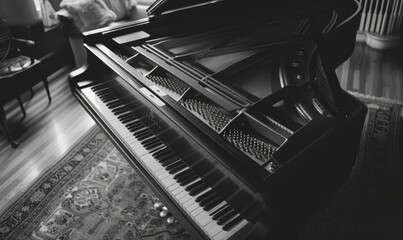 Black and white photo of a piano in the interior of a room